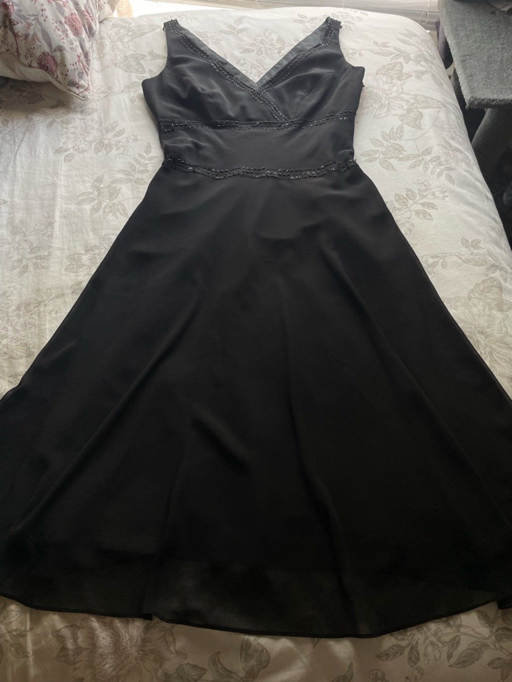 Vintage Black Beaded Babydoll Slip Midi Dress 14 Whimsigoth Formal Evening 90s